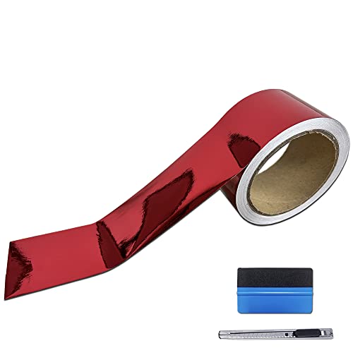 Image of LZLRUN 1FT x 5FT Chrome Mirror Vinyl Wrap Adhesive Car Sticker Decal Film (Red, 2 Inches x 30 FT)