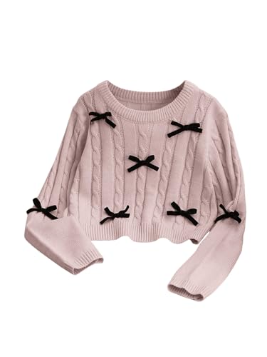 Image of SweatyRocks Girl's Cable Knit Sweater Cute Bow Crewneck Long Sleeve Pullover Sweater