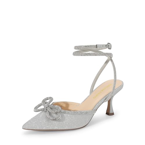 DREAM PAIRS Kitten Heels Rhinestone Bow Ankle Strap Stiletto Pointed Closed Toe Heels for Women Pumps Wedding Bridal Party Dress Shoes