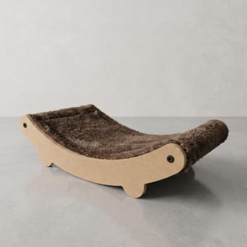 Image of Cat Hammock Bed with Plush Cushion, Wooden Curved Rocker Design, 23x13x6 Inch, Premium Comfort Lounger for Cats (FURR-162) (Brown)