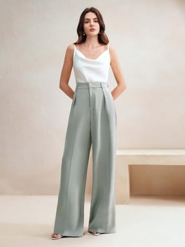 Image of KOTTY Women's High Waist Wide Leg Trousers | Solid Relaxed Fit Pants for Office, Casual Soft Flowing Polyester Blend Pants for Women