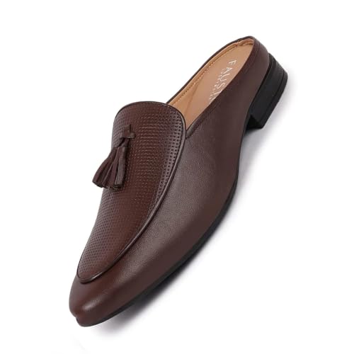Image of FAUSTO Men's Back Open Tassle Leather Slip On Shoes for Outdoor|Evening|Festive|Occasions|Comfort|Lightweight with TPR Sole (6-13 UK)