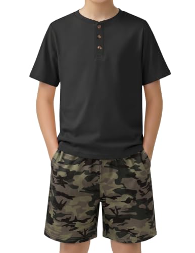 Image of Arshiner Boy's Textured Button Up Shirt and Shorts Set 2 Piece Summer Beach Outfit for 5~12 Years Kids