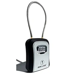 Iron Lock - Key Lock Box Portable and Wall Mounted with Removable Cable Shackle Indoor Outdoor Waterproof 4 Digit Combination with Resettable Code with A B Switch Key Lockbox for Outside Hold 5 Spare Keys