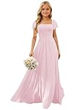 Wchecalino Junior Bridesmaid Dresses with Sleeves Chiffon Square Neck Pleated Flower Girl Dress A Line Wedding Party Gown Pink 6
