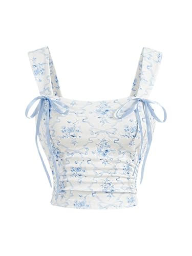 MakeMeChic Women's Floral Bow Wide Strap Cami Top Ruched Sleeveless Tank Crop Tops