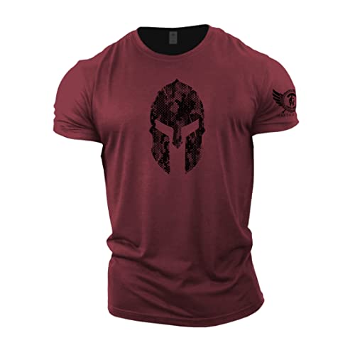 GYMTIER Spartan Forged - Spartan Helmet Hex Camo - Men's Gym T-Shirt Bodybuilding Training Workout Lifting Top Clothing, Maroon, XXL