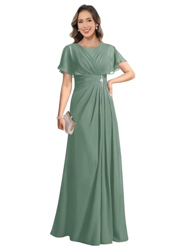 Beaded Mother of The Bride Dresses for Women Pleated Chiffon Long Formal Evening Gowns with Sleeves4