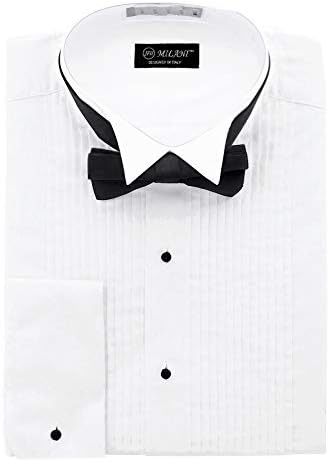 Milani Men's Tuxedo Shirt with French Cuffs and Bow Tie 17", 32/33 White