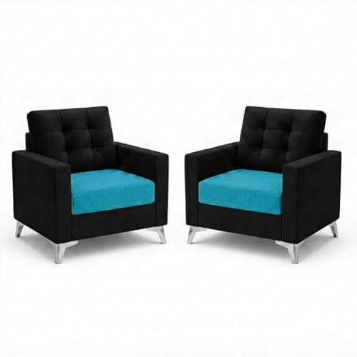 Image of Hakuna Plush Velvet 3 Seater + 1 Seater + 1 Seater Sofa Set | Silken Velvet Upholstery | Golden Legs | Designer Set for Living Room & Office Spaces (Black & Aqua Blue)