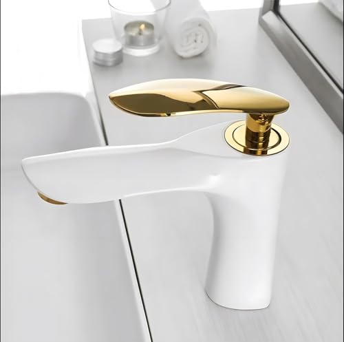Image of AQUAKART Gold White Basin Mixer Tap Faucet with Connection Pipes Gold Colour (Golden Belle) (White-Gold)