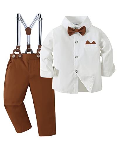 Image of YALLET Toddler Baby Boy Clothes Suit Gentleman Wedding Outfits Formal Dress Shirt+Bowtie+Suspender Pants
