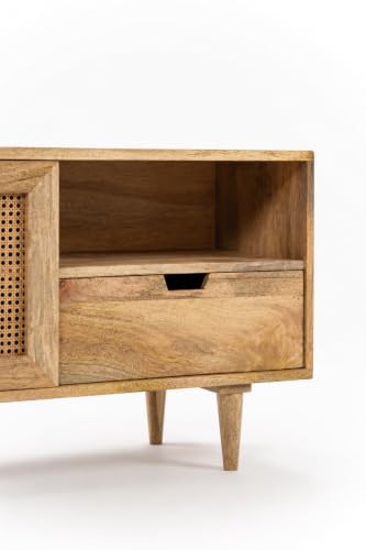 Image of Wooden TV Unit for Living Room | Solid Wood TV Cabinet with Rattan Doors | TV Stand for 65 Inch TV | Mid Century Entertainment Unit | Easy Assembly (Natural TK-26)