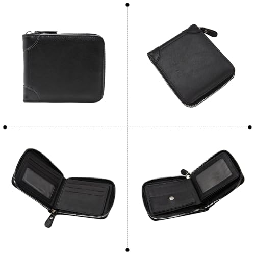 LJCZKA Mens Leather Zipper Wallet RFID Large Capacity Bifold Multi-card Holder Wallets Coin Cash Purse with ID Window (Black)4