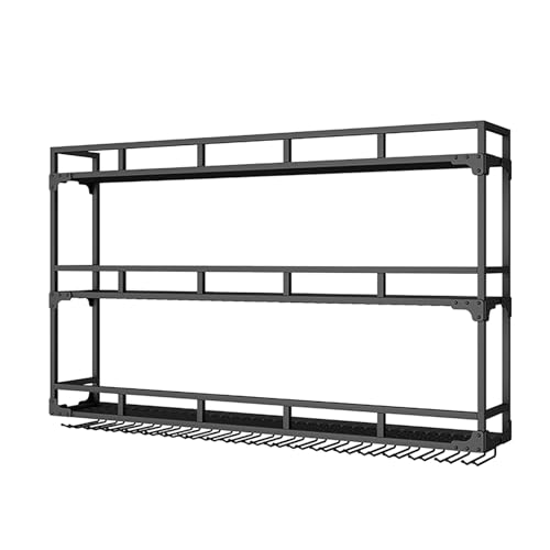 Botellero flotante con luz LED montado en la pared, unidad de bar, estante de almacenamiento, estante multifuncional para licor con soporte para copas de vino para el hogar, bar y comedor, color negro