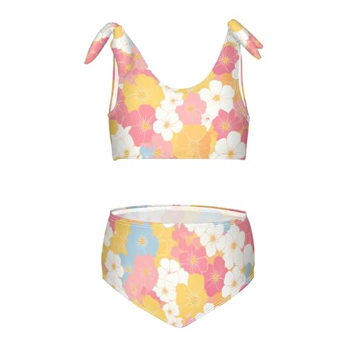 Flower Pink Yellow Girl Two Piece Kids Bikini Set Scoop Neck Swimsuits Swimming Suits Cute Shoulder Strap