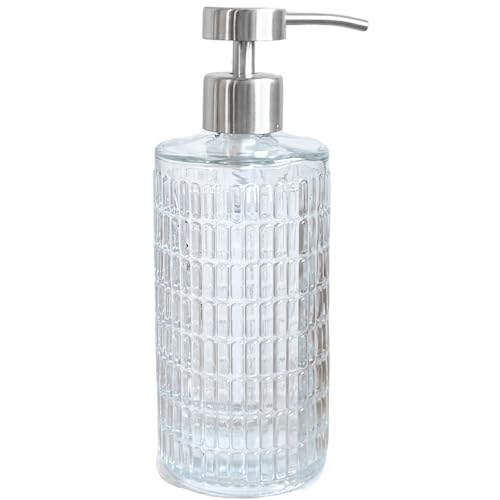 Image of Fluted Glass Soap Dispenser with Stainless Steel Pump for Bathroom, 17oz | Vintage Art Deco Reeded Glass, Refillable Clear Ribbed Bottle, Rust-Proof Pump, for Kitchen Countertop