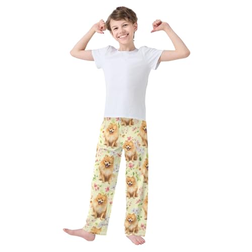 ZZXXB Lovely Pomeranian Flower Boys Long Pants Soft Trousers Elastic Waist Kids Lounge Bottoms with Pockets S-XL3