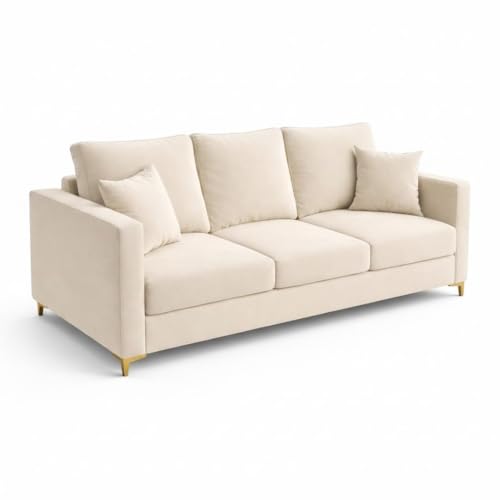 Image of Hayes Rich Velvet Suede 3 Seater Sofa | Golden Aesthetic Legs | Spacious Soft Touch Comfort Seating | Modern Sofa for Living Room-Cream Color