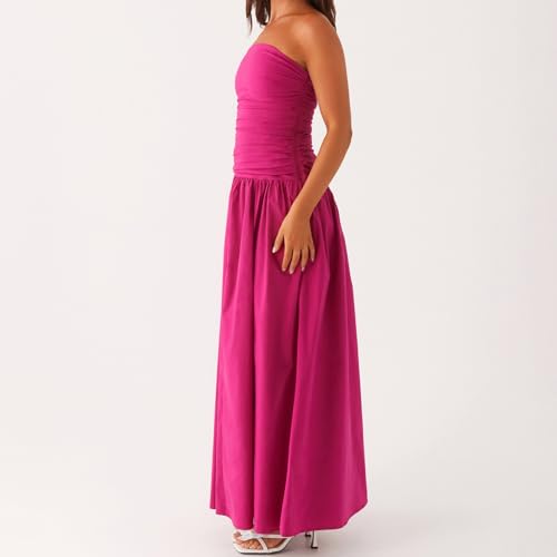 Image of Women Tube Top Maxi Dress Summer Strapless Backless Bodycon Long Bandeau Dress Elegant Off Shoulder A Line Dresses