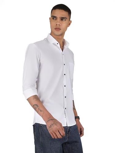 Image of Mens Cotton Lycra Full Sleeve Slim Fit Semi-Formal Shirt | Textured Pattern | Curved Hem