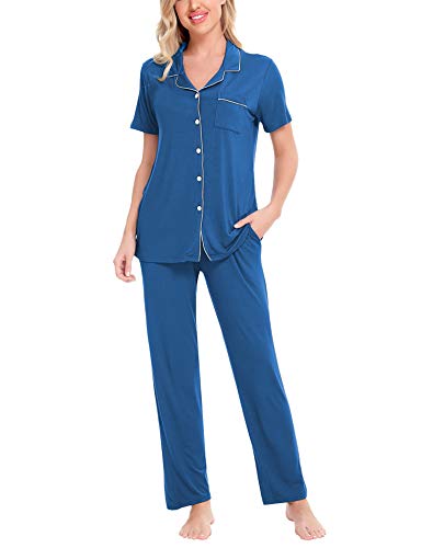 Image of SWOMOG Women Pajama Sets Two-Piece Nightwear Short Sleeve Sleepwear Button Down Pj Lounge Sets with Long Pants