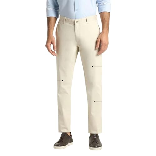 Image of Blackberrys Men's Textured Beige Slim-Fit Trousers |Office Wear & Casual Wear