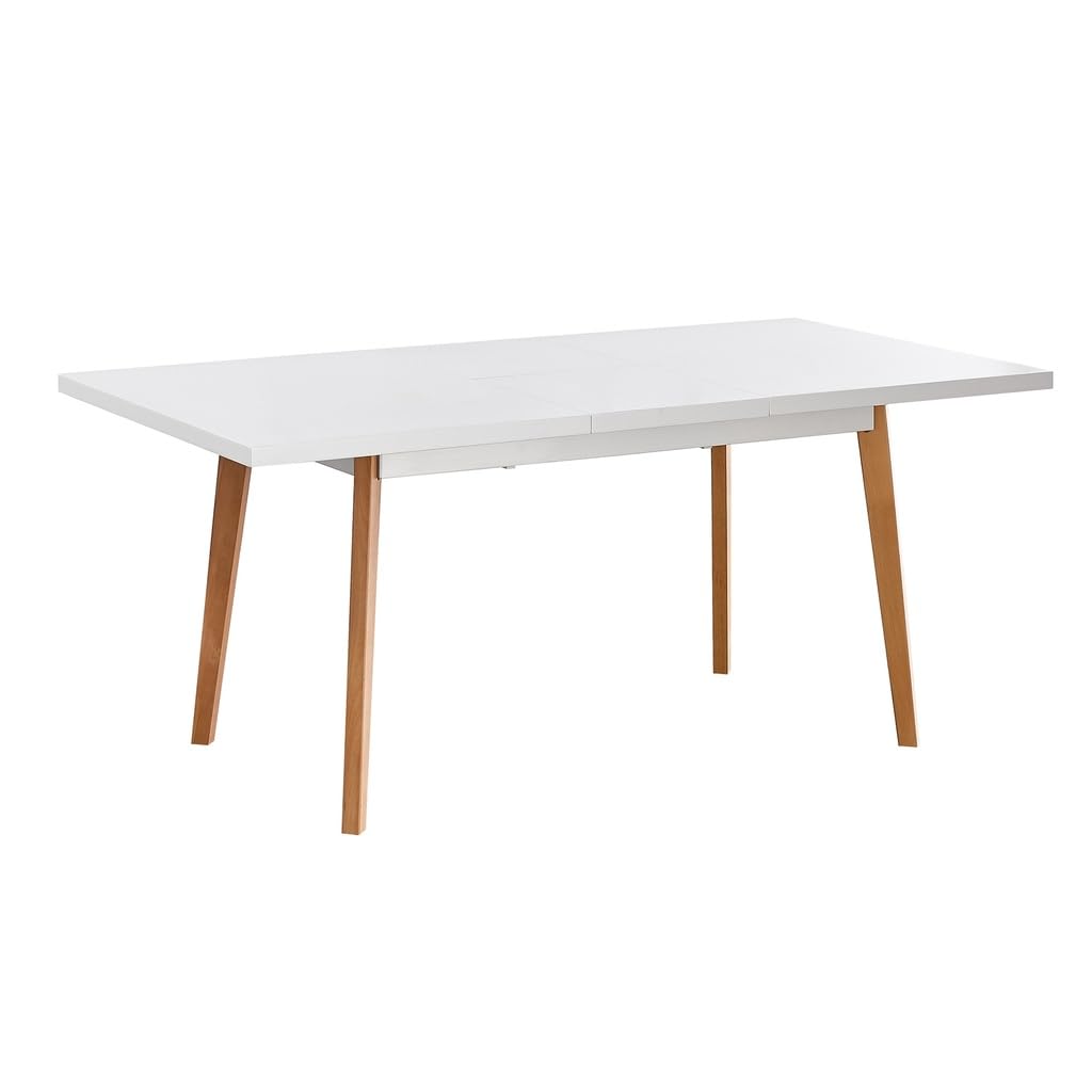 Mesa de Comedor Extensible Blanca Estilo Nórdico con Patas de Madera de Roble – 140/180x90x75 cm – Diseño Moderno y Elegante con Tapa Lacada en MDF
