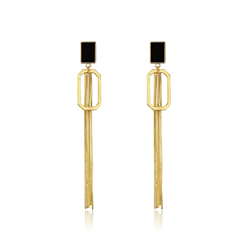 Chic Gold Long Tassel Dangle Drop Earrings Unique Fashion Geometric Black Square Metal Chain Earrings Statement Jewelry for Woman Girls