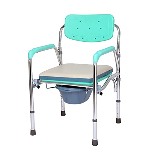 Silla de noche plegable, silla de ducha ajustable en altura y ancho con brazos y respaldo, silla de inodoro con asiento acolchado, inodoro móvil para adultos, ancianos, discapacitados, color verde