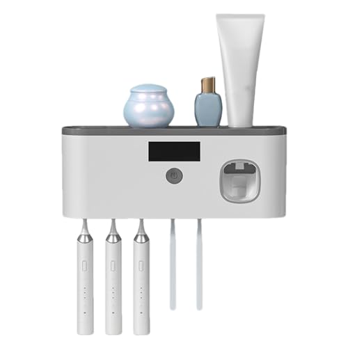 Portaspazzolino con luce UV a parete - Portaspazzolino con dispenser di dentifricio | Display digitale LCD a 5 scomparti altamente autoadesivo, da bagno ricaricabili USB per la casa moderna