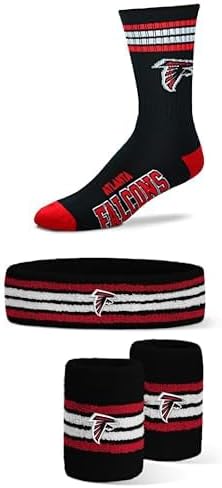 For Bare Feet Atlanta Falcons Fan Bundle NFL Youth 4-Stripe Deuce Crew Socks + Official Headband & Wristband Combo Pack (Youth OSFM)