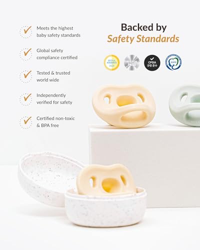 Image of Moyuum Silicone Macaron Pacifier | Made in Korea, BPA Free One-Piece Design Baby Soother, Soft Orthodontic Shape with Air Holes, 2 Pack with Travel Case, Newborn 0-3 Months (Mango+Pink, Stage 1)