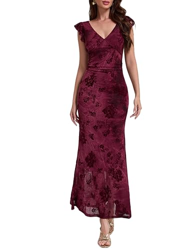 Womens Sleeveless V Neck Wedding Guest Dress 2026 Bodycon Floral Mesh Ruched Cocktail Mermaid Maxi Dresses Elegant Party (US Alpha X-Large Regular Regular Burgundy)