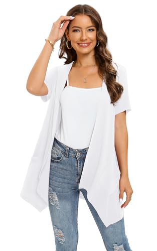 Image of Veryoung Floral Short Sleeve Cardigans for Women Casual Drape Open Front Lightweight Summer Cardigan with Pocket High Low Hem
