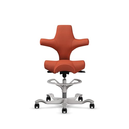 Image of HAG Capisco Sit to Stand Chair-Silver Frame-Upholstered Burnt Red-with Foot Ring