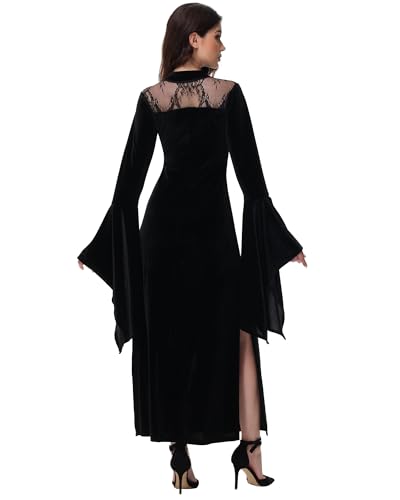 Long Flare Sleeve Dress Lace Cutout Black Split Goth Vintage Dress Clothes XS-2XL4
