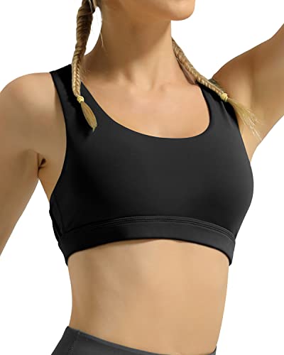 Queenieke Women's Medium Support Strappy Back Energy Sport Bra Cotton Feel Size M Color Black Pro #TOP4