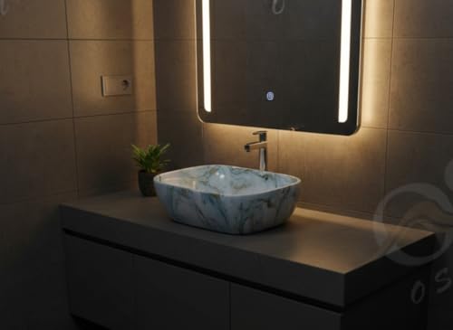 Image of OSOSAM Tabletop Wash Basin For Bathroom | Ceramic Glossy White Countertop Washbasin | Vessel Sink For Hotel, Dining Hall, Vanity | 18 x 13 x 5.5 Inches (MS-156)