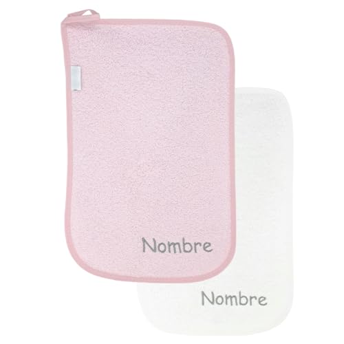 Mababyshop - Toallas Guarderia Personalizadas Con Colgador, Toallas Mano, Culito Y Cara Bebé, Toalla Pequeña Infantil - Rizo Algodón Pack 2X-Mini Toallas Bebé - (Rosa+Blanca)