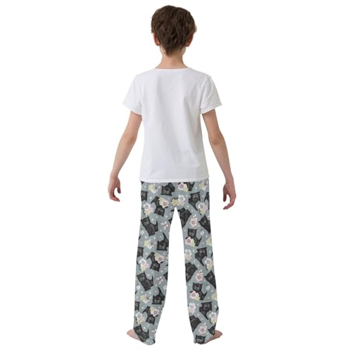 Black Cat Butterfly Floral Boys Long Pants Soft Trousers Elastic Waist Kids Lounge Bottoms with Pockets S-XL3