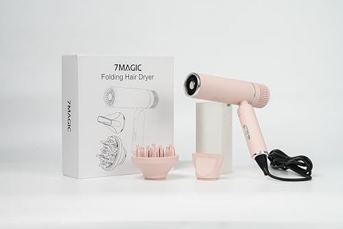 7MAGIC Asciugacapelli con diffusore, asciugacapelli da viaggio, pieghevole, 30% asciugatura rapida, 300 milioni di ioni, protezione per capelli al 99%, protezione contro il surriscaldamento, 1600 W