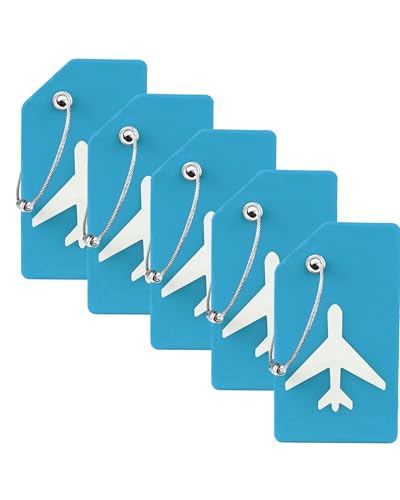 Image of Gostwo 5 Pack Silicone Luggage Tags for Suitcases, Plane Travel Essentials | Suitcase Bag Name Tag, TSA Approved, Stainless Loop, Privacy Protection, Luggage Identifiers Accessories, Sky Blue