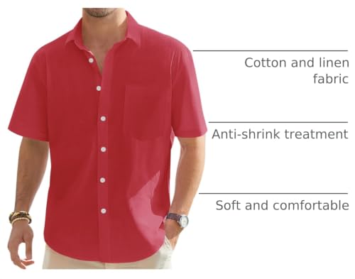 Image of J.VER Mens Linen Shirt Short Sleeve Button Down Casual Summer Shirts | Cotton Linen, Untucked, Big Tall, from Beach Camp Vacation, Cruise Fishing, Work Office, to Wedding Party Family, with Pocket