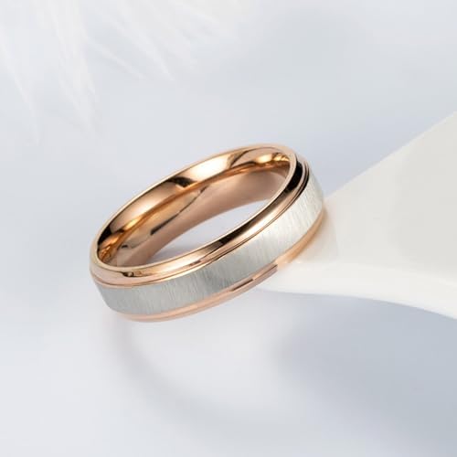 Set Di Fedi Nuziali Da Uomo E Da Donna, In Titanio, 2 Pezzi, In Acciaio Inox, Oro Rosa, Argento, Spazzolato, 6 Mm, Per Coppia, San Valentino, Women L 1/2 Men T 1/2, Acciaio Inossidabile, Nessuna - Foto 3