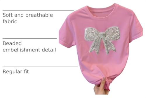 Image of RoseSeek Women's Rhinestone Sequin Bowknot Graphic Tees Short Sleeve Crewneck Summer Tops Going Out T Shirt