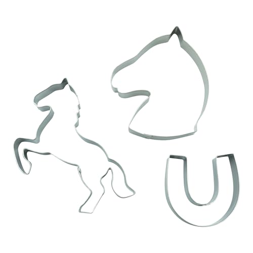 BekkiB - 3er-Set Ausstecher 'Pferd, Hufeisen & Pferdekopf'- Spülmaschinengeeignete Ausstechformen aus Edelstahl - Zum Backen für Plätzchen - 998822