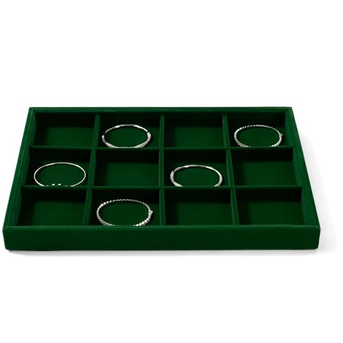 Oirlv Bandeja de joyería vintage de terciopelo verde con 12 rejillas, caja de joyería, almacenamiento de joyas, bandeja organizadora de joyas