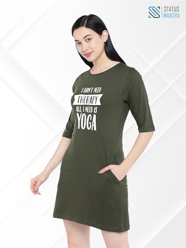 Image of STATUS MANTRA Women's Long T-Shirt Dress - Cotton Casual Knee Length Dress with 3 /4 Sleeves | Soft Bio-Washed Fabric, Crew Neck, Relaxed Fit | Comfy Summer Lounge Wear