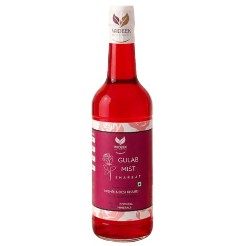 Image of Vaideek Gulab Mist Sharbat 750ml | Rose Syrup Drink with Mishri & Desi Khand | No Refined Sugar Summer Beverage | Citrus Sharbat for Mocktails, Coolers & Refreshing Drinks